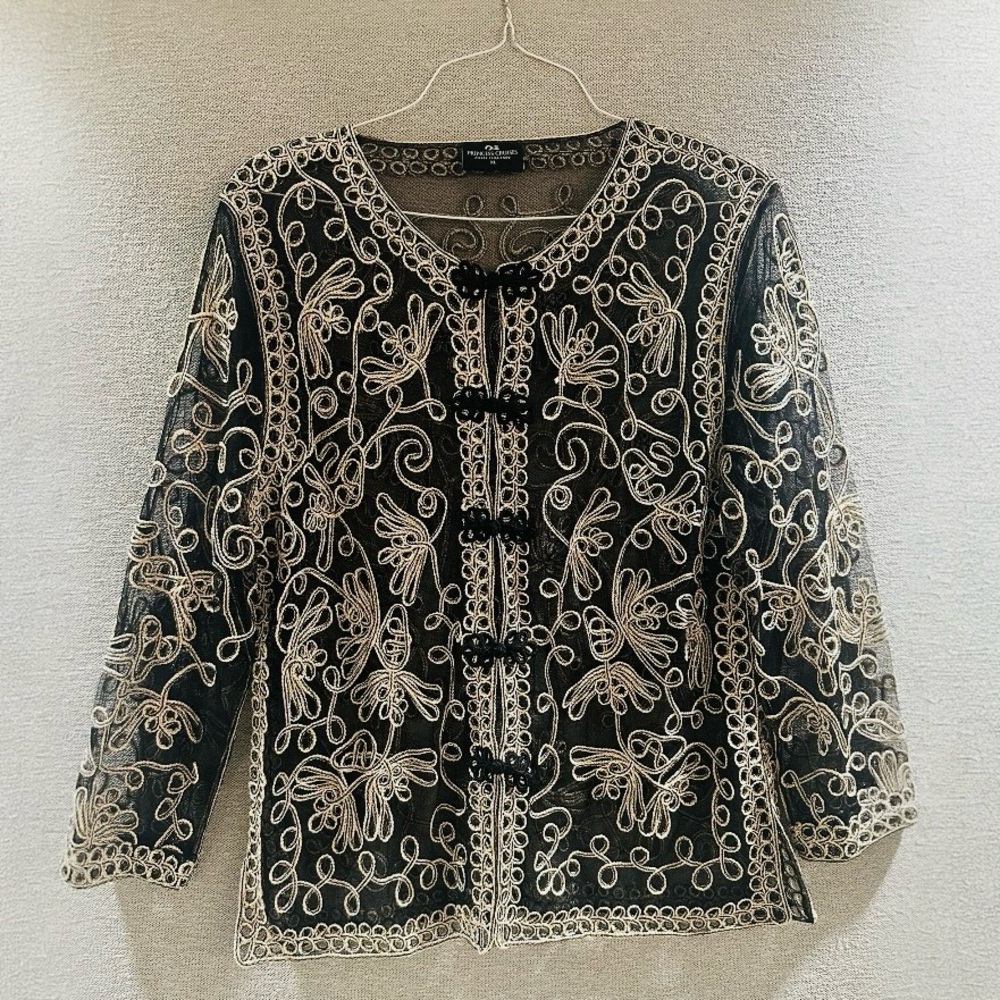 Elegant Black Sheer with Cream Embroidered Design